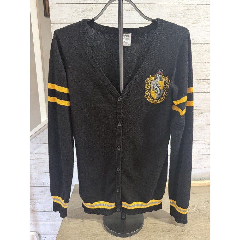 Harry Potter HUFFLEPUFF Crest Womens Sweater Cardigan Black Yellow Stripe L 18